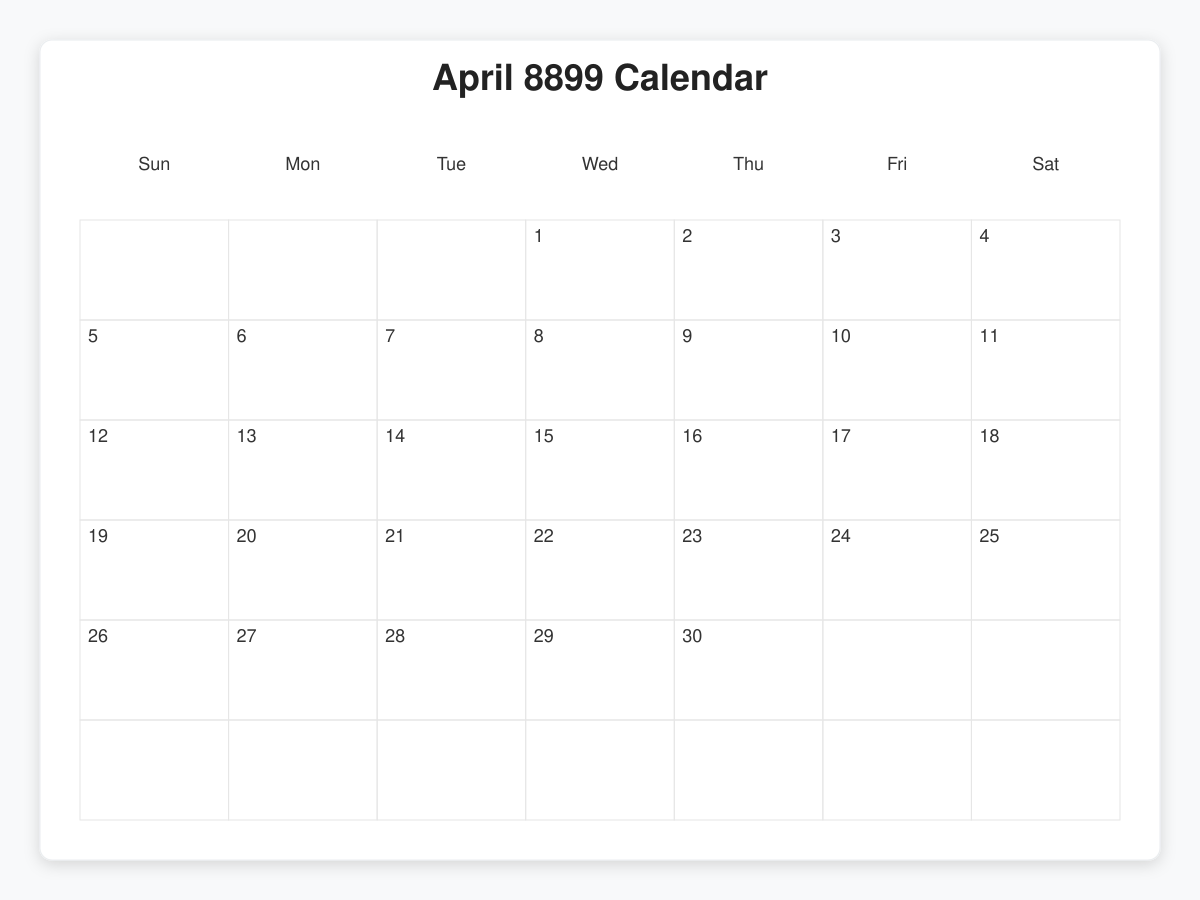 Printable April 8899 Calendars
