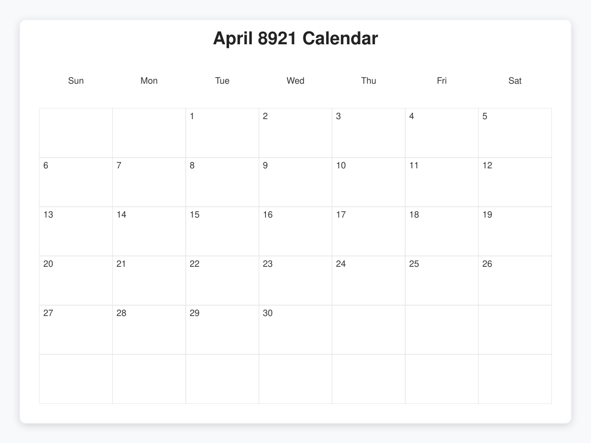 Printable April 8921 Calendars