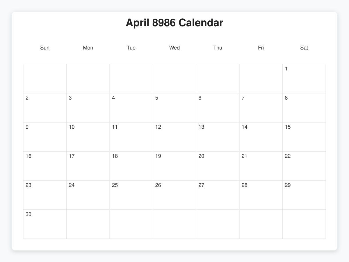 Printable April 8986 Calendars