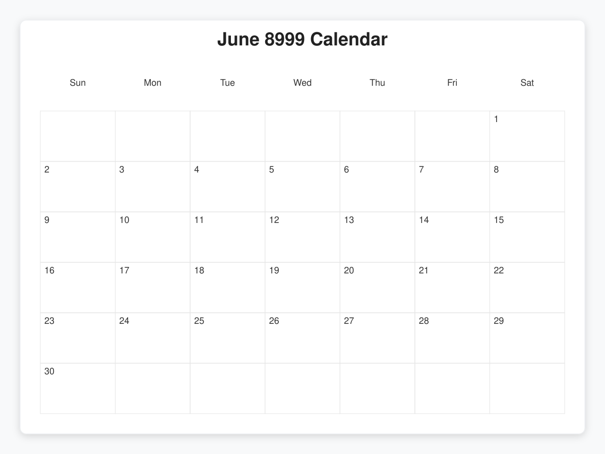 Printable June 8999 Calendars