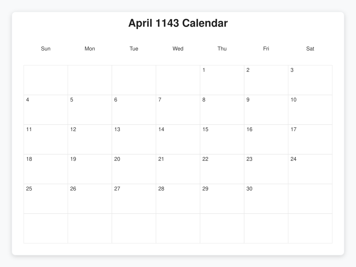 Printable April 1143 Calendars