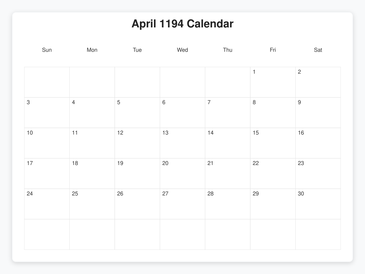 Printable April 1194 Calendars