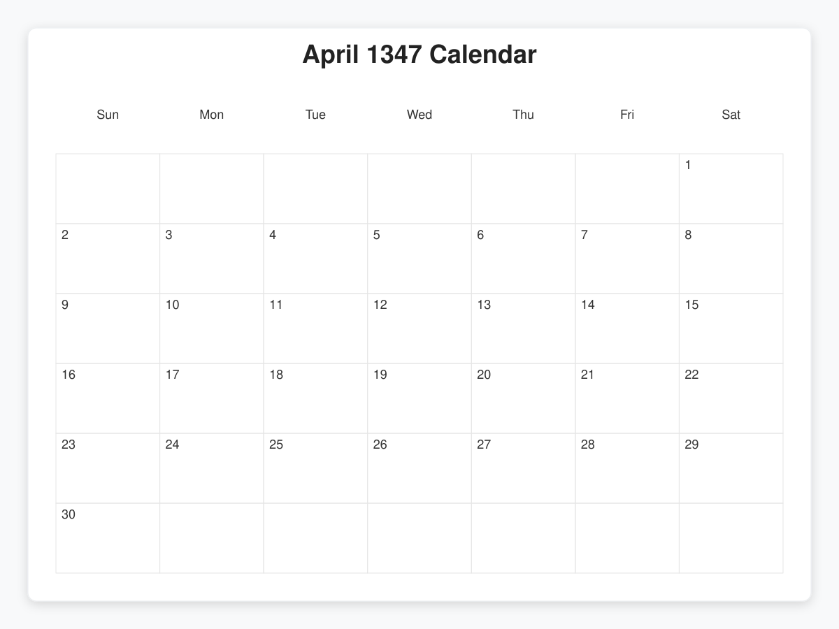 Printable April 1347 Calendars