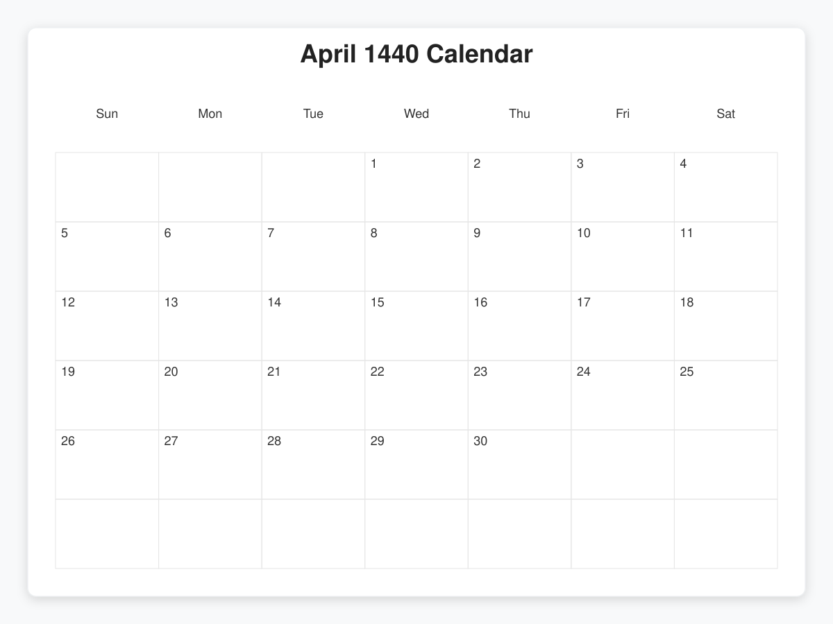 Printable April 1440 Calendars
