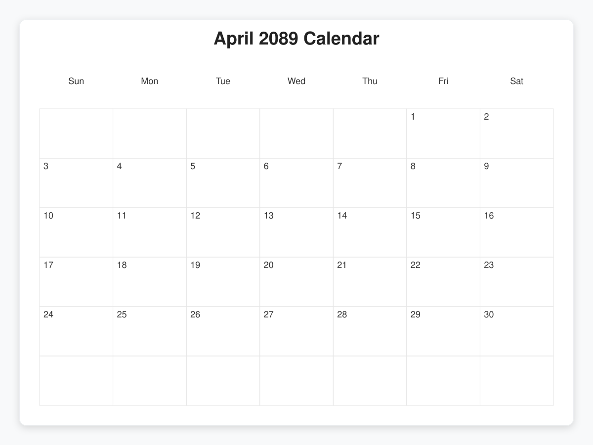 Printable April 2089 Calendars
