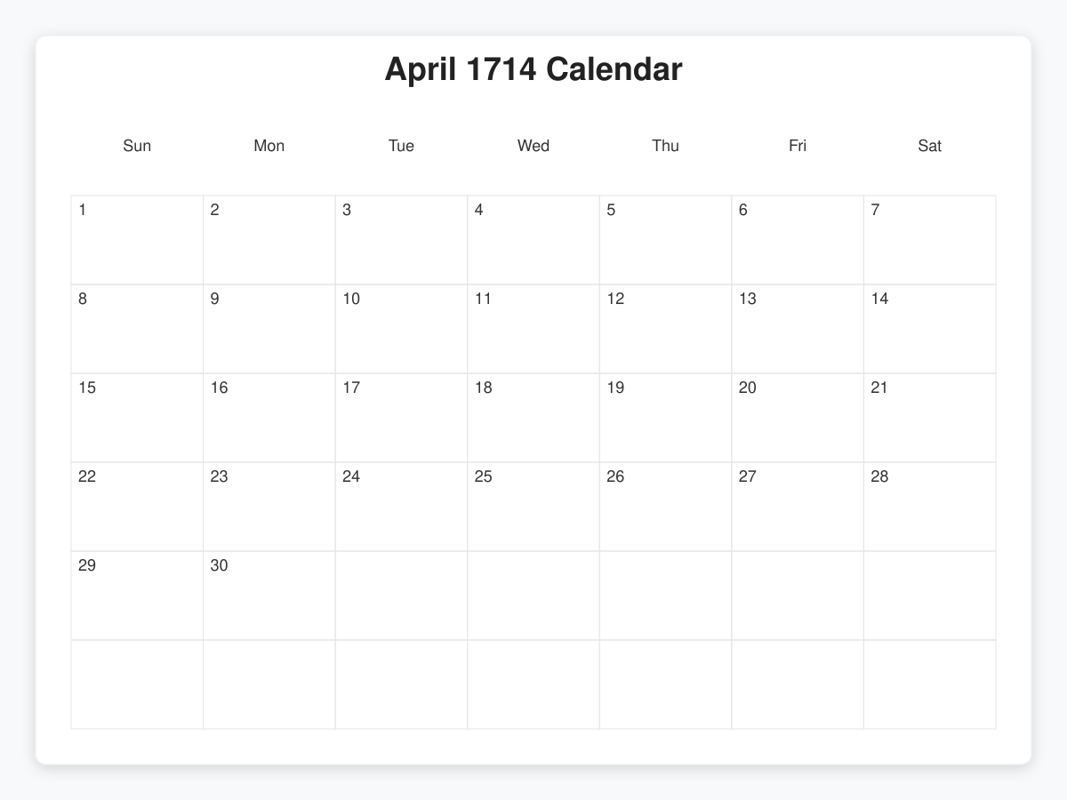 Printable April 1714 Calendars