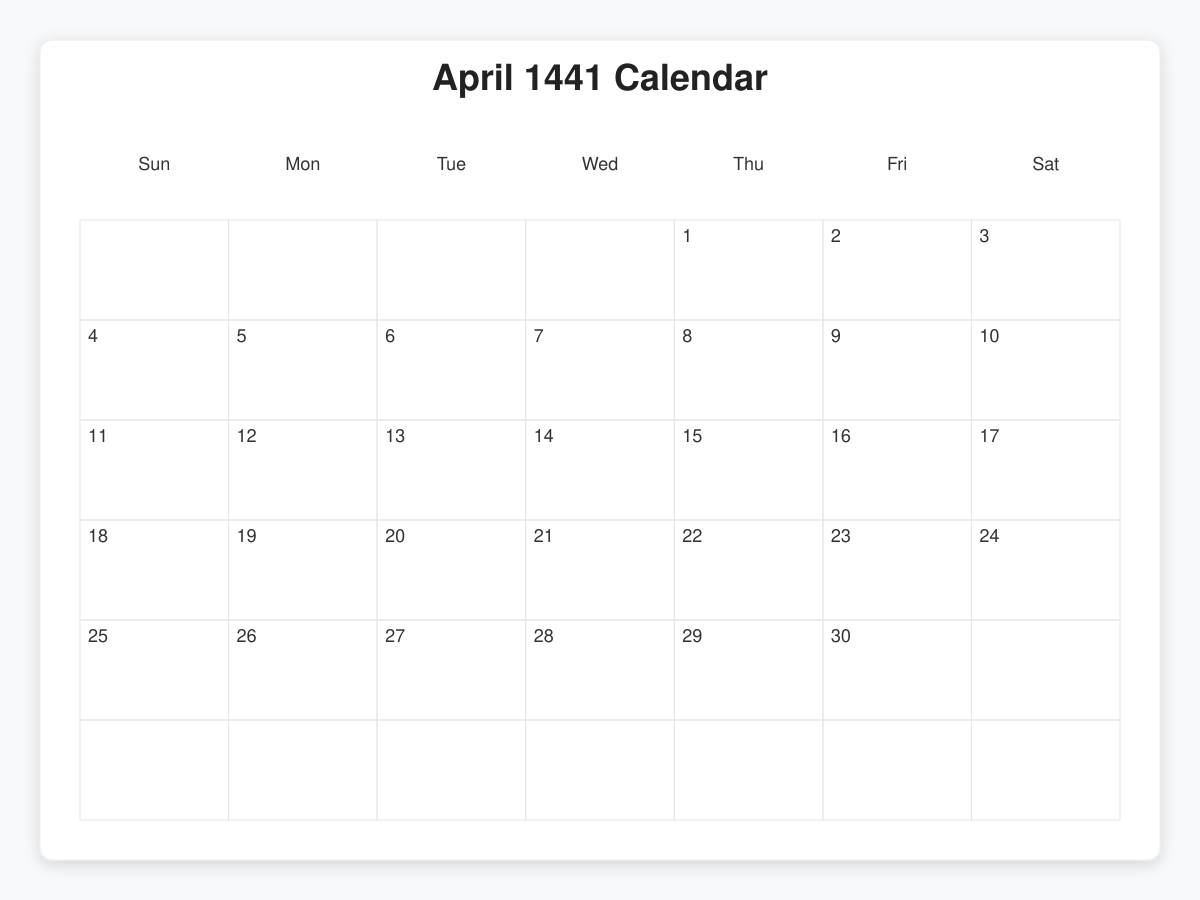 Printable April 1441 Calendars