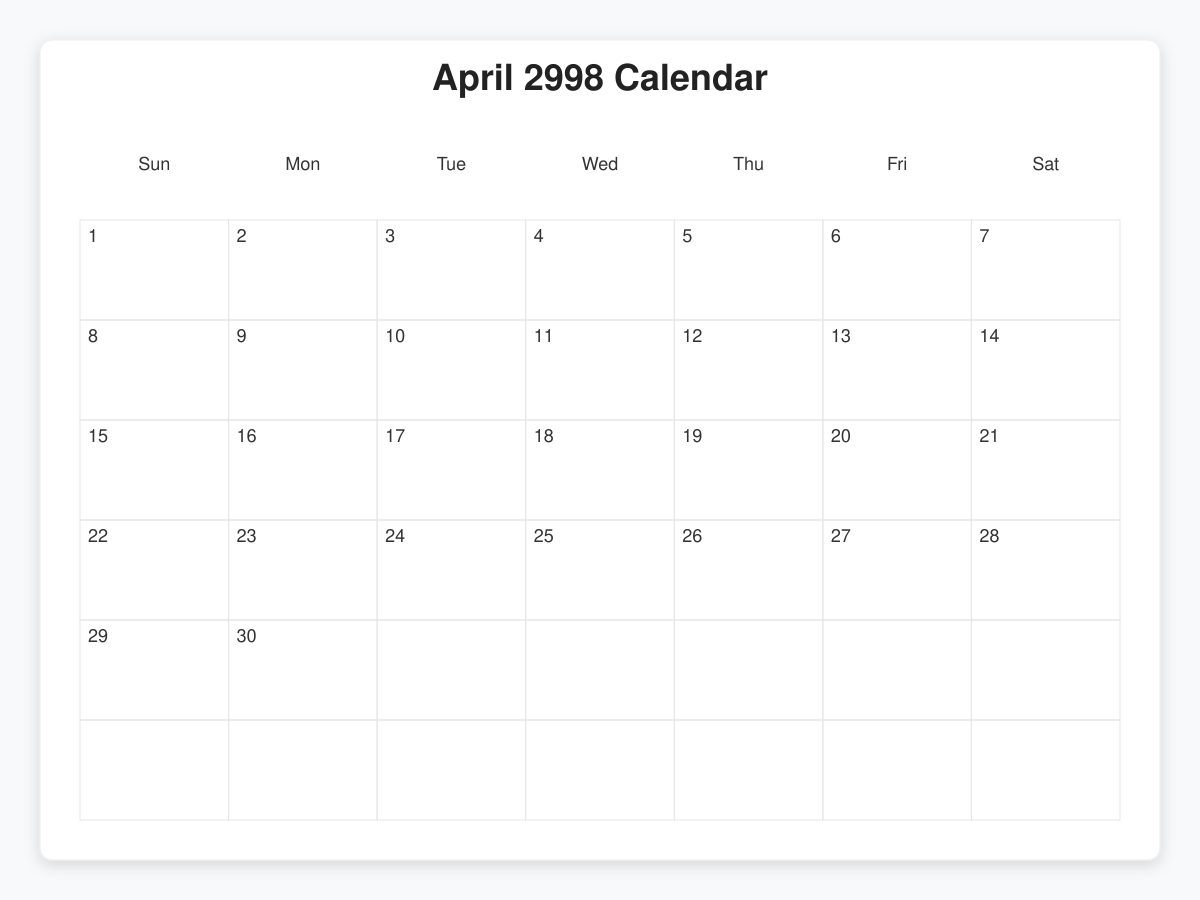 Printable April 2998 Calendars