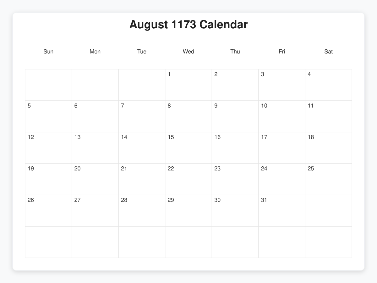 Printable August 1173 Calendars