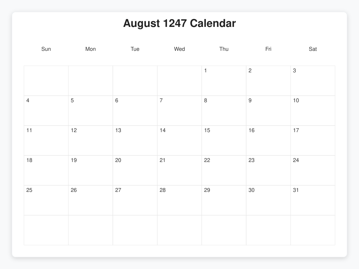 Printable August 1247 Calendars