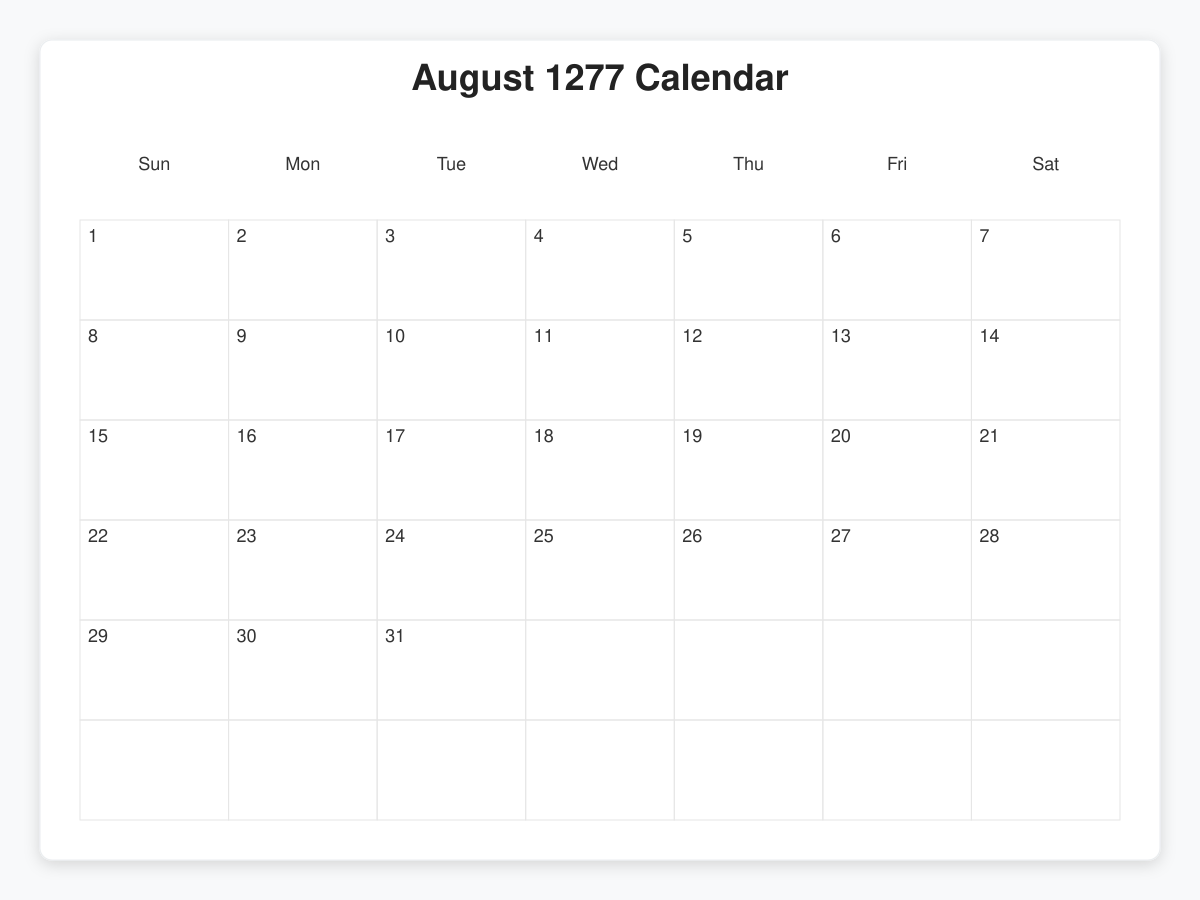 Printable August 1277 Calendars