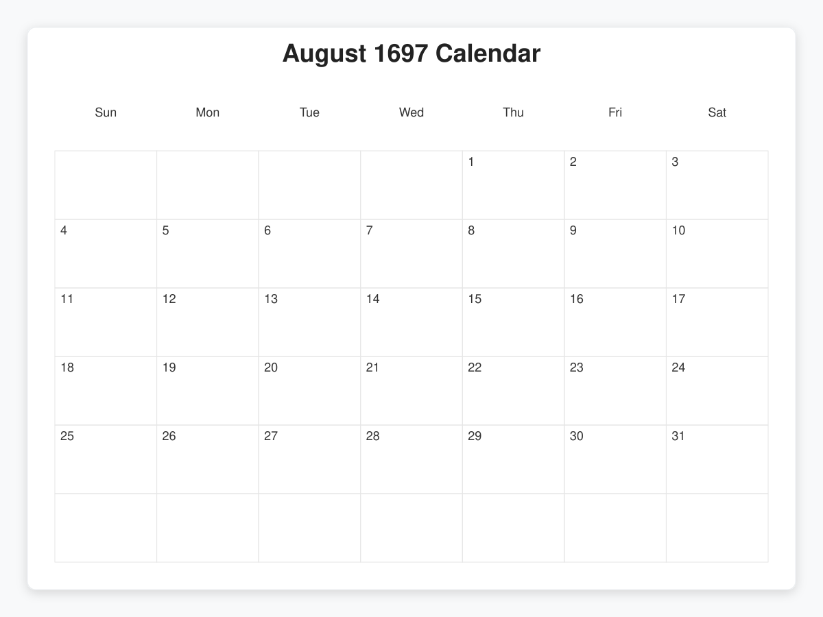 Printable August 1697 Calendars