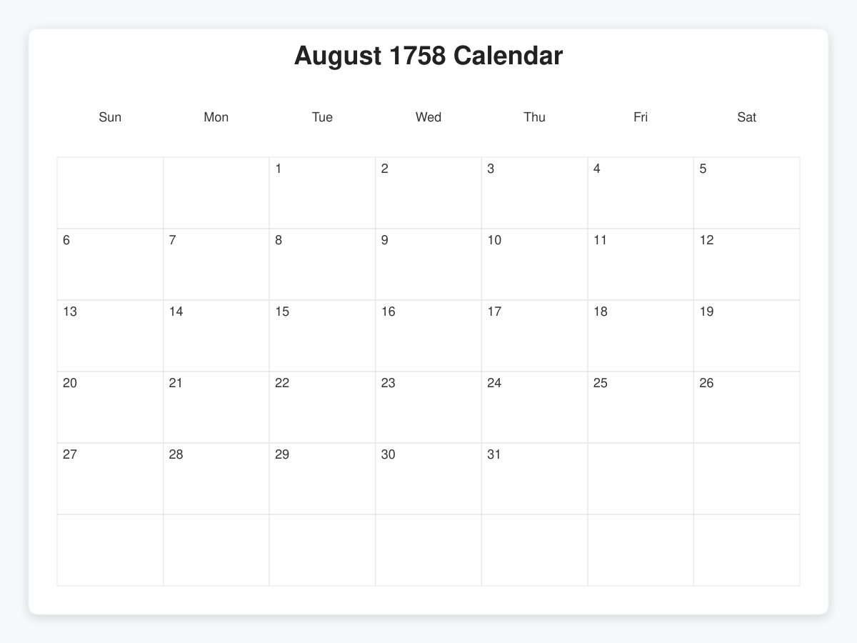 Printable August 1758 Calendars