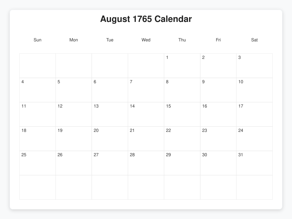 Printable August 1765 Calendars