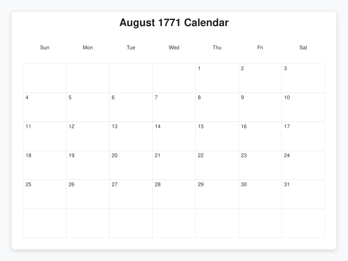 Printable August 1771 Calendars