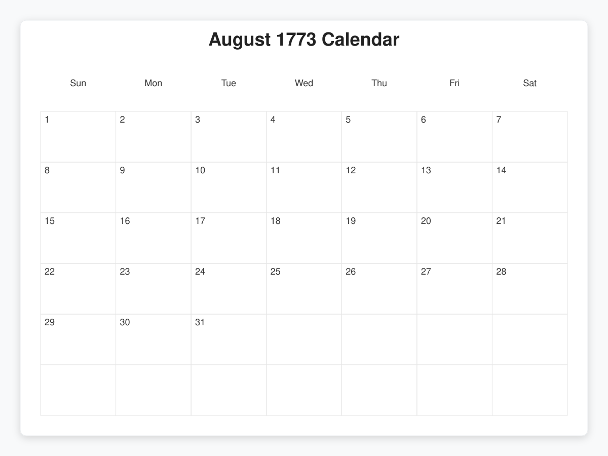 Printable August 1773 Calendars