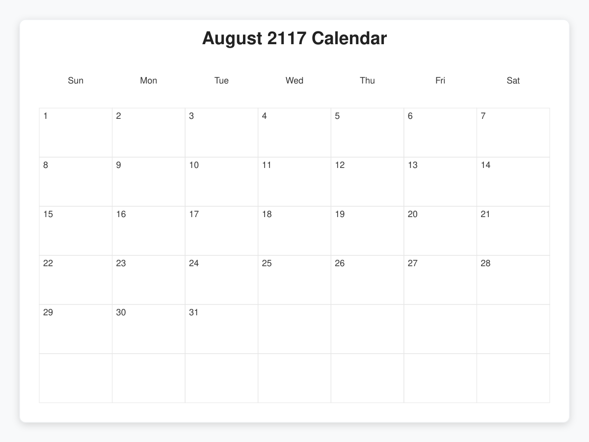 Printable August 2117 Calendars