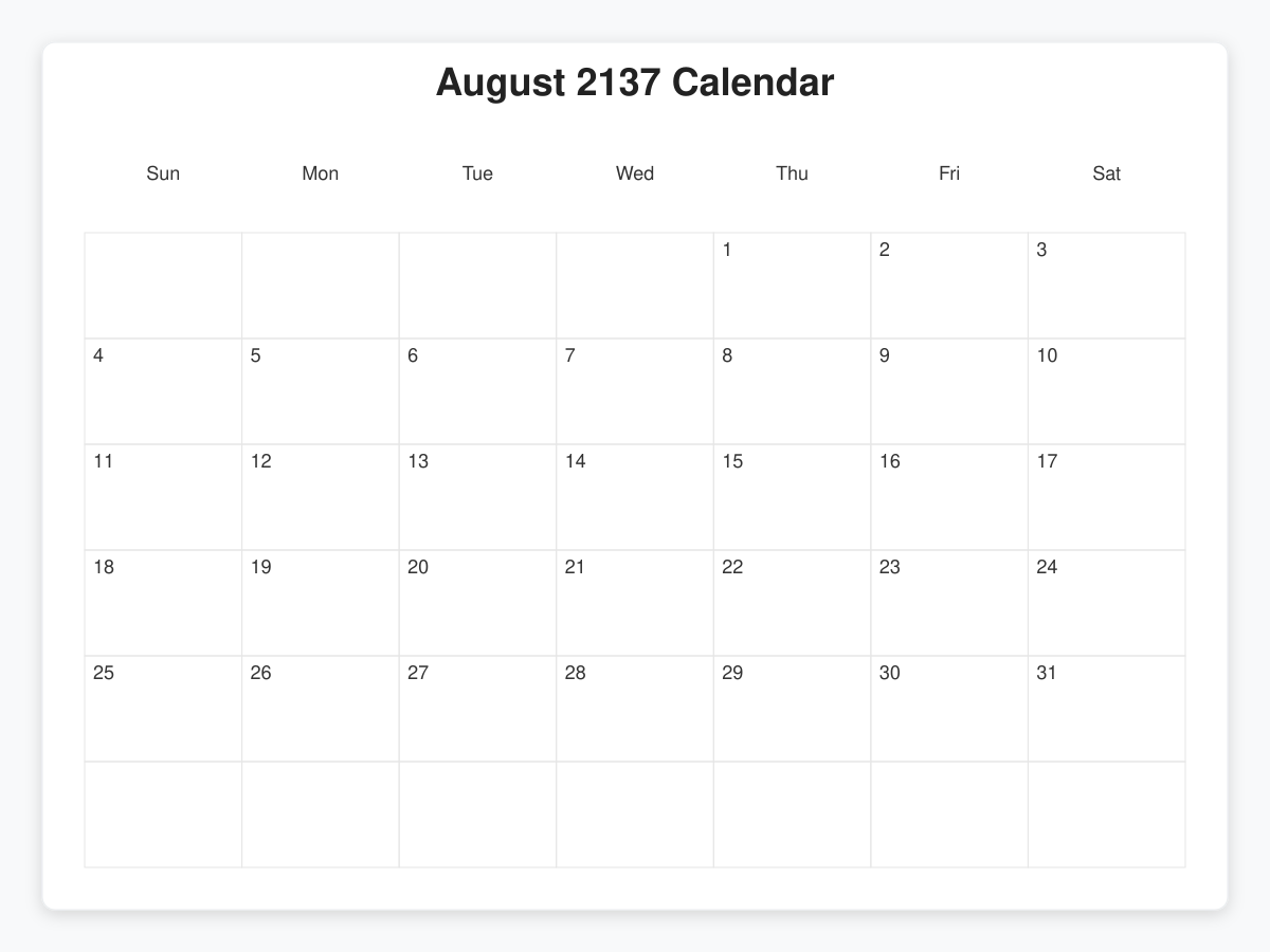 Printable August 2137 Calendars