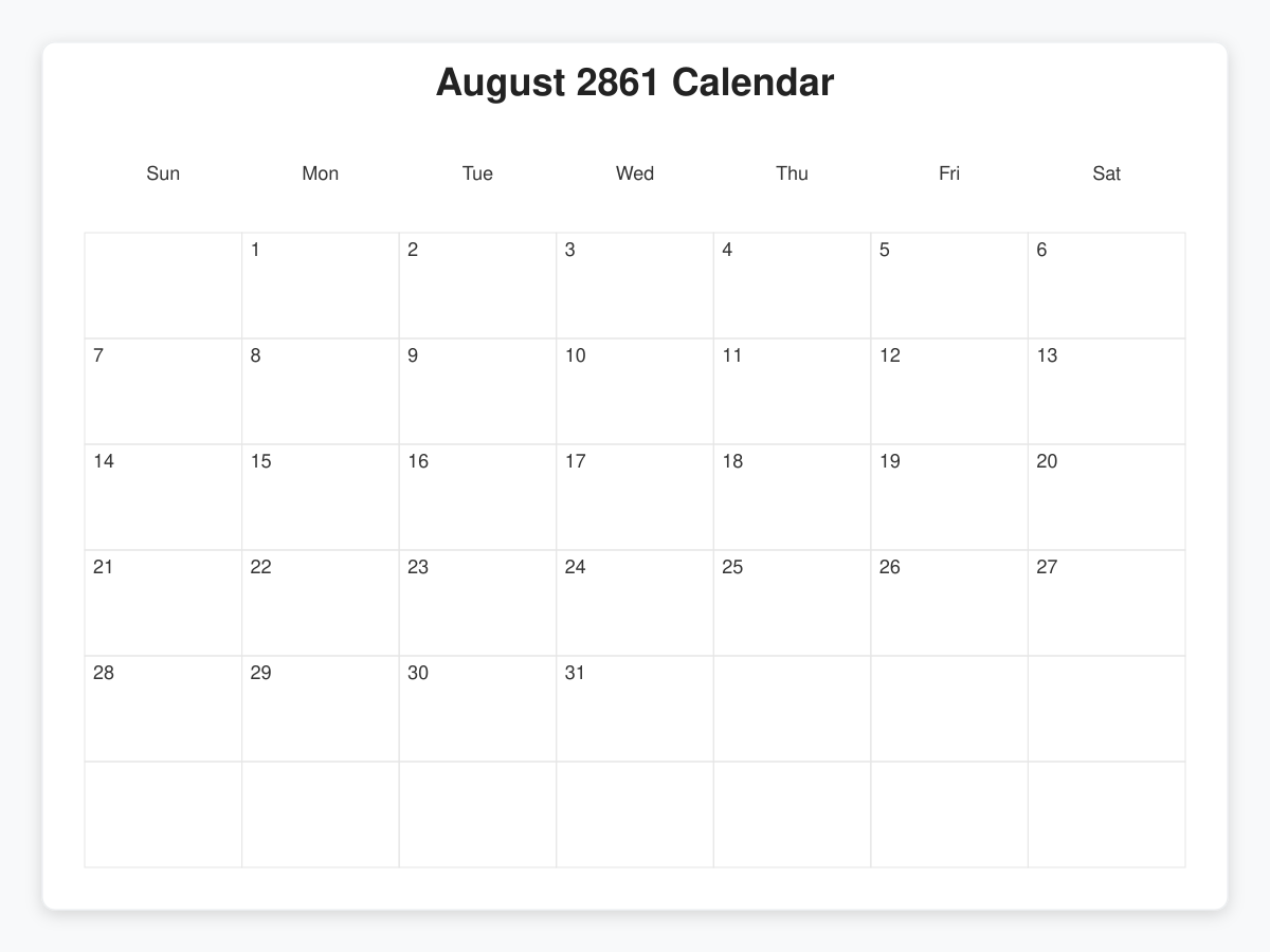 Printable August 2861 Calendars