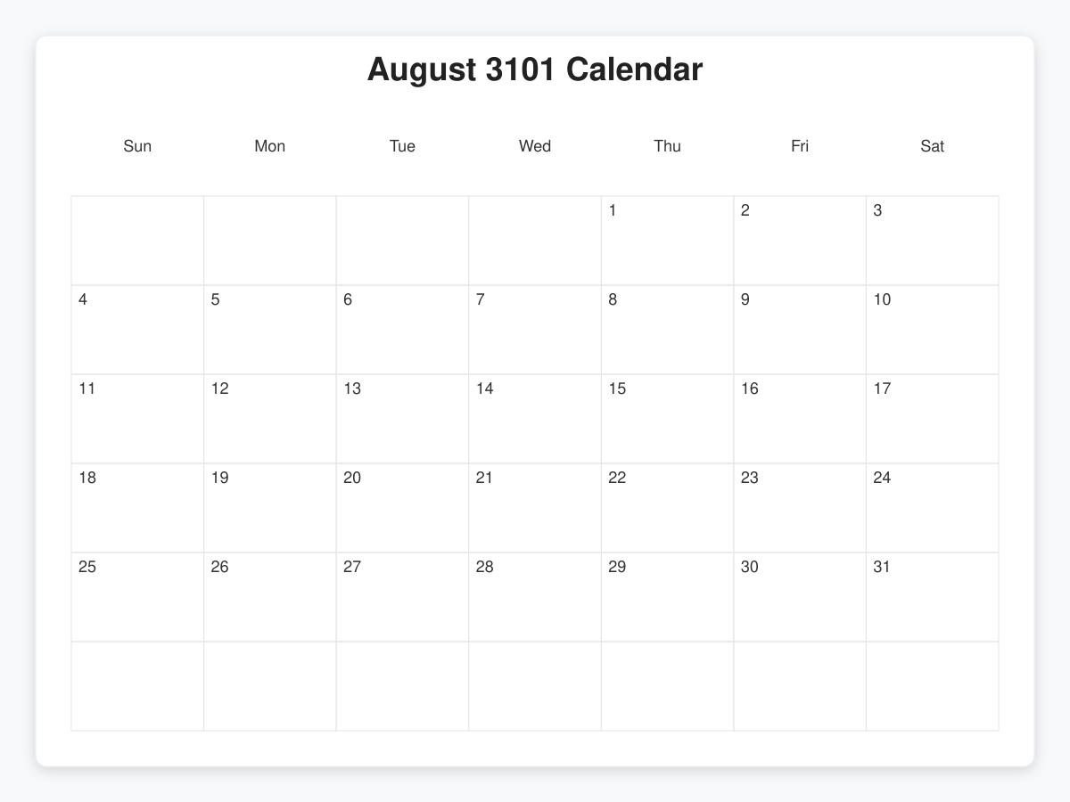 Printable August 3101 Calendars