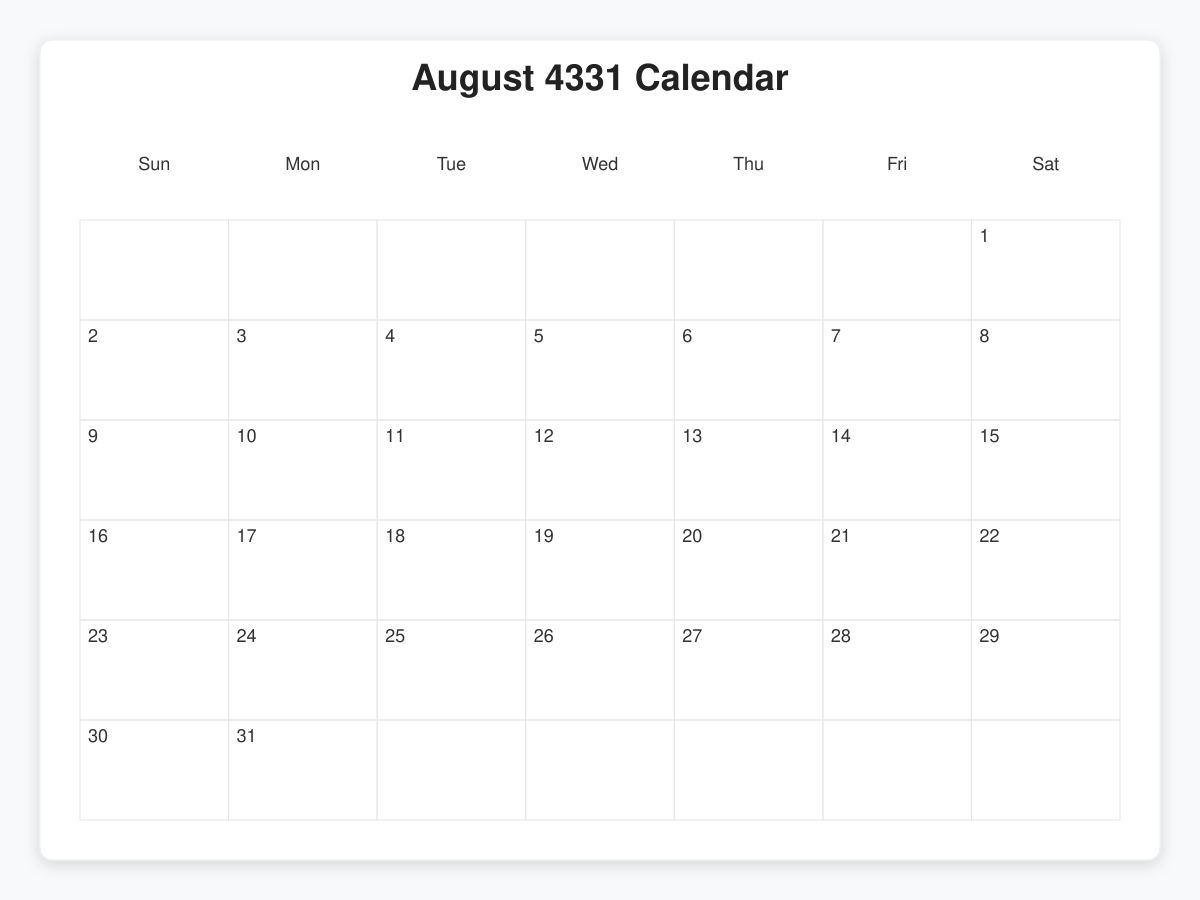 Printable August 4331 Calendars