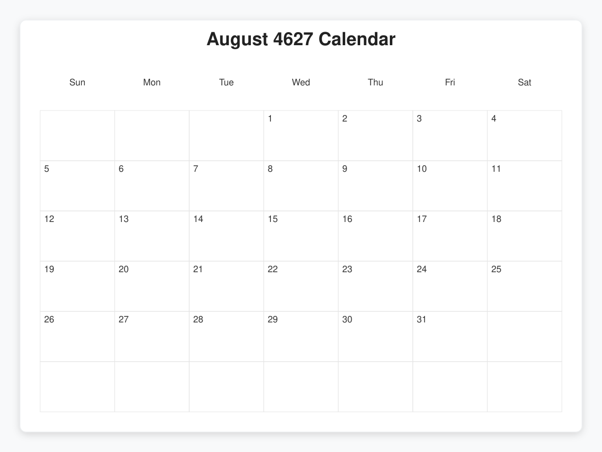 Printable August 4627 Calendars