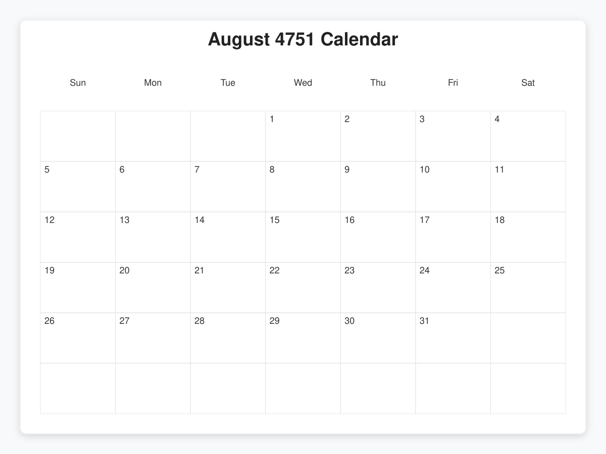 Printable August 4751 Calendars