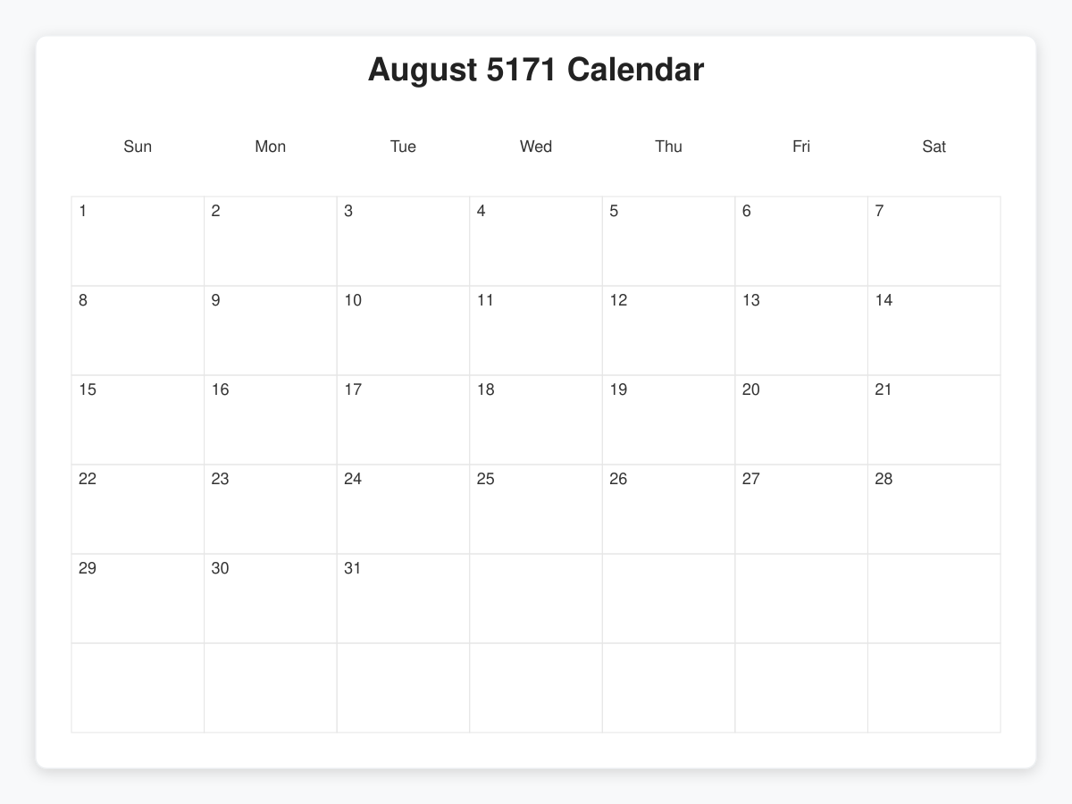 Printable August 5171 Calendars
