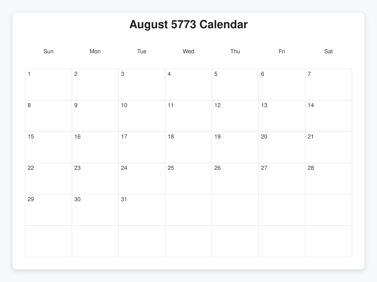 Printable August 5773 Calendars