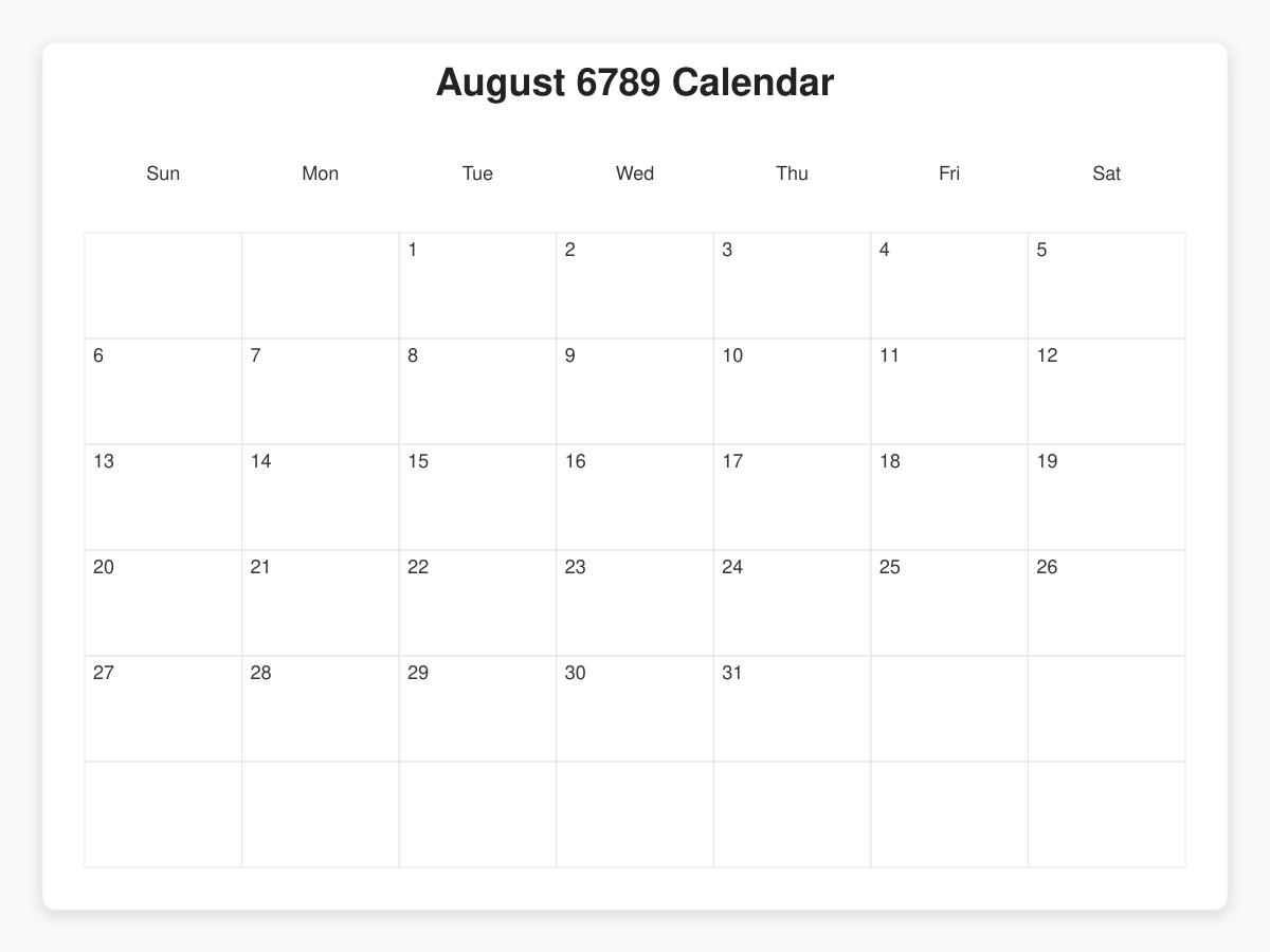 Printable August 6789 Calendars