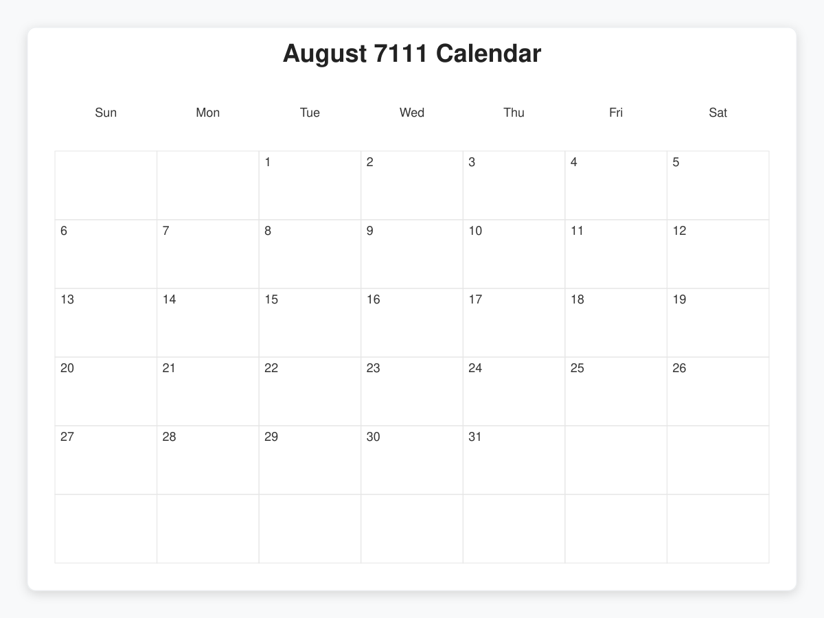 Printable August 7111 Calendars