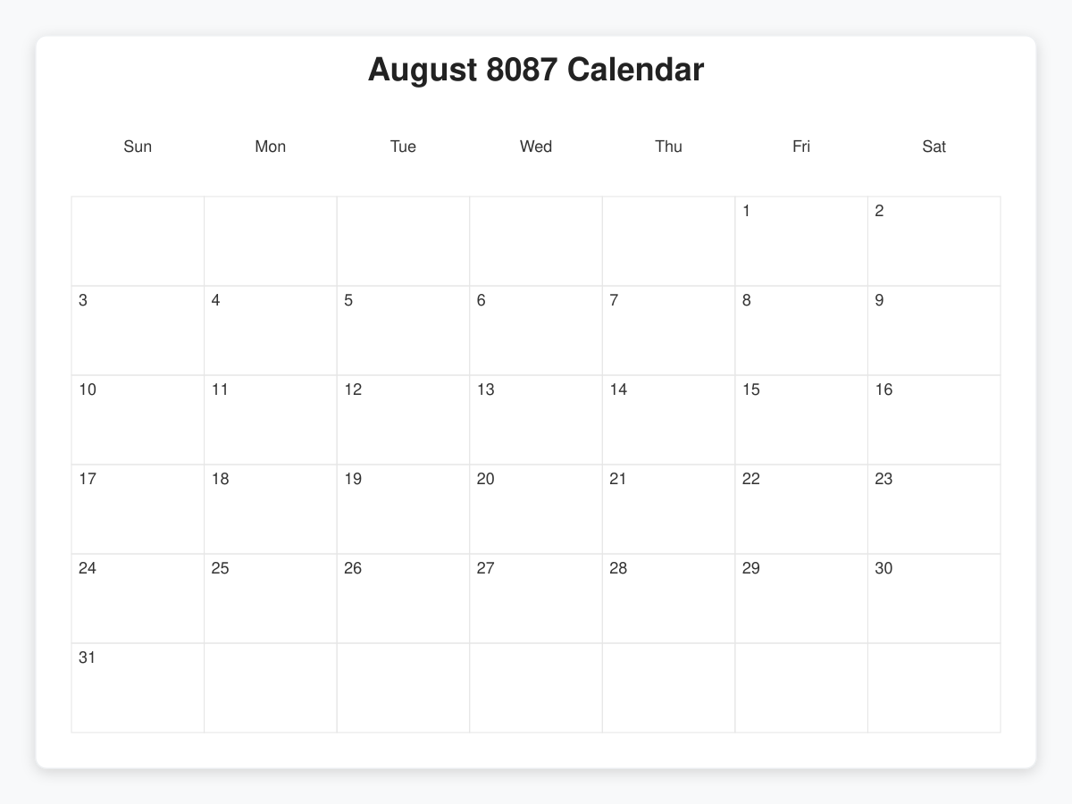 Printable August 8087 Calendars