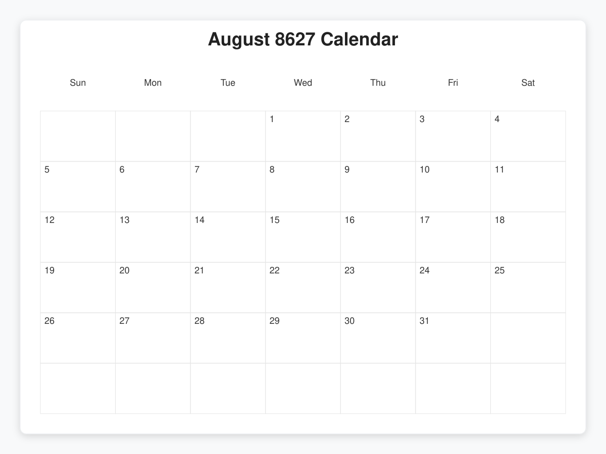 Printable August 8627 Calendars