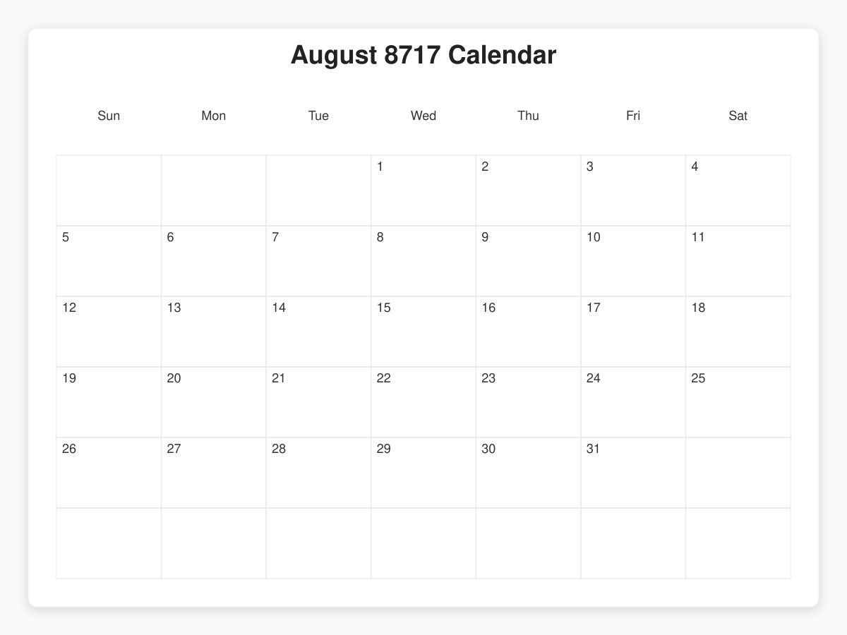 Printable August 8717 Calendars