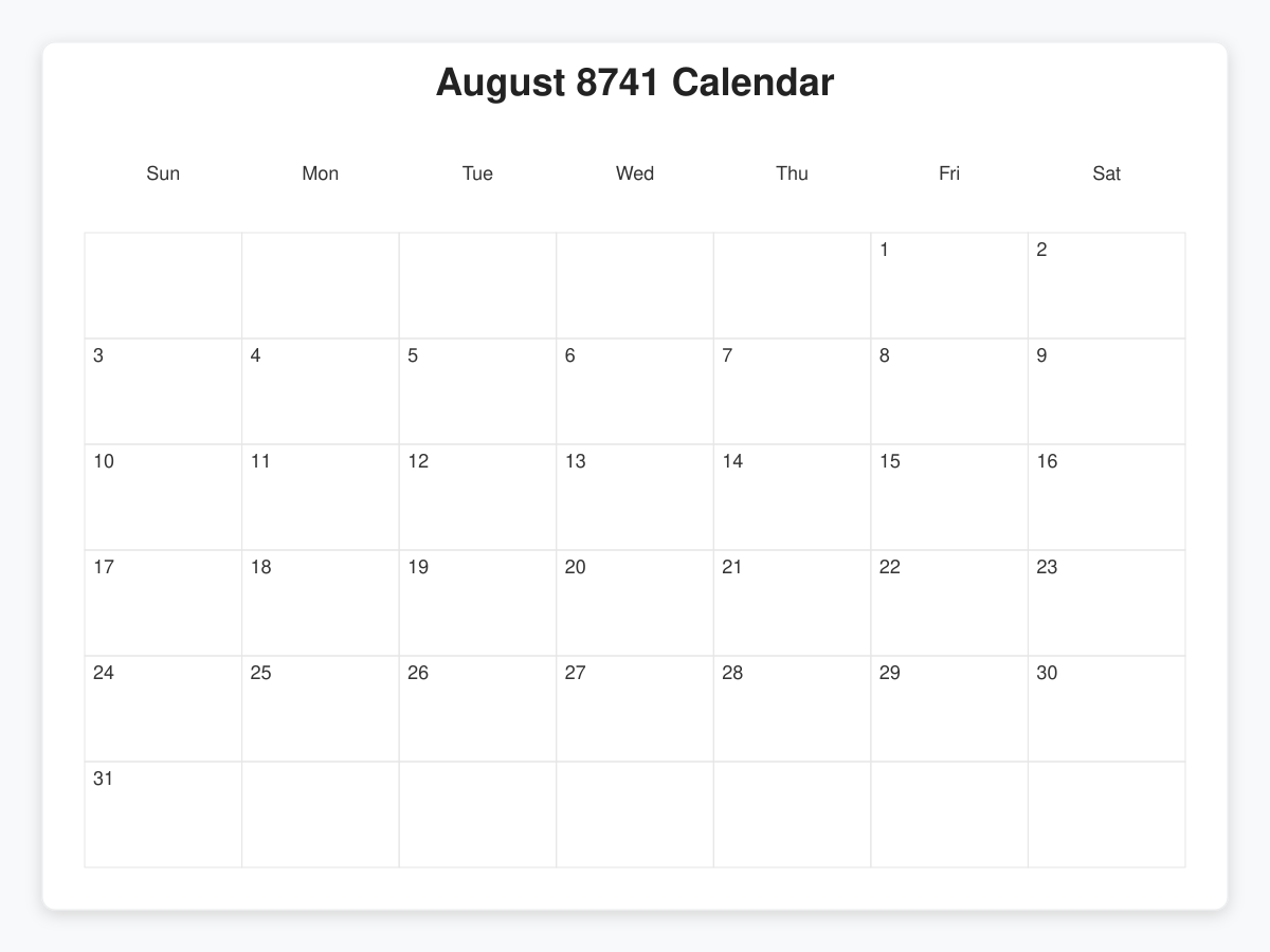 Printable August 8741 Calendars