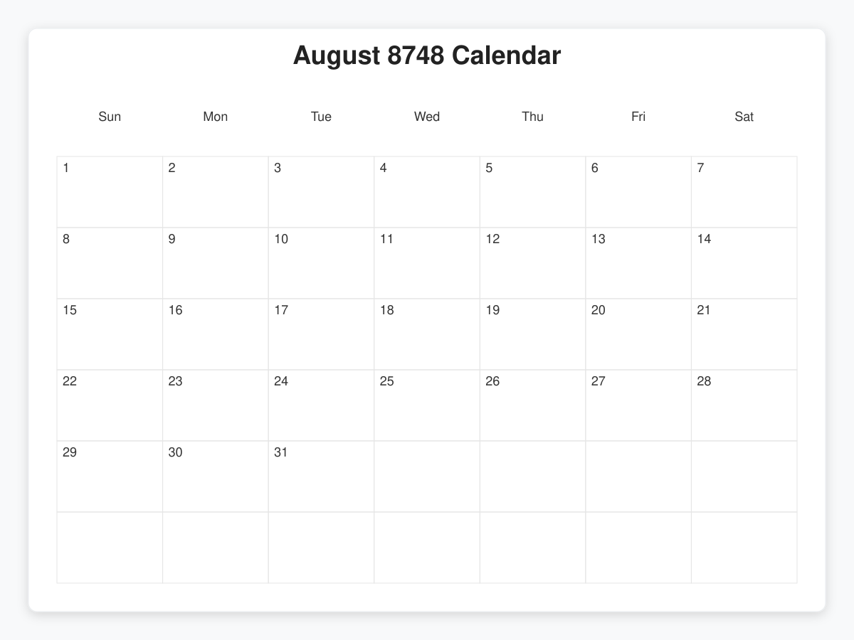 Printable August 8748 Calendars