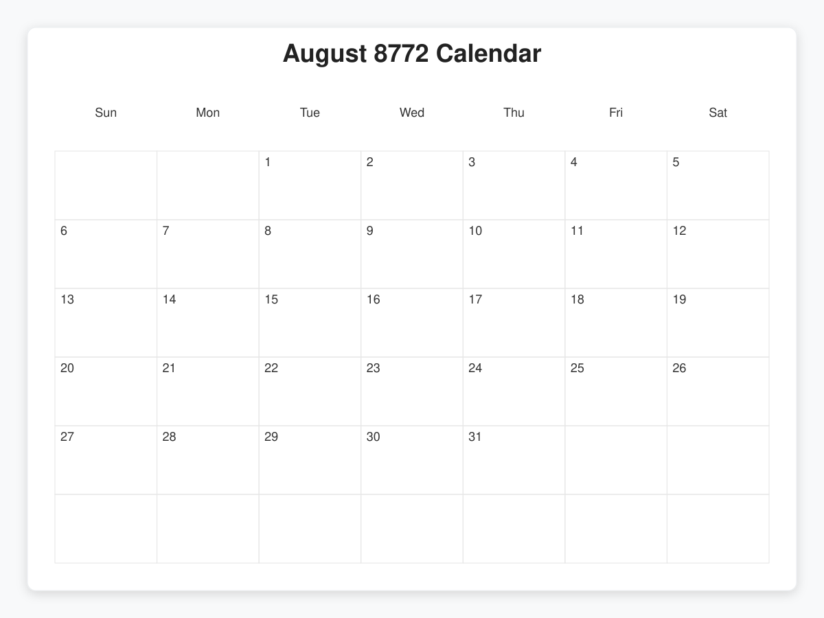 Printable August 8772 Calendars