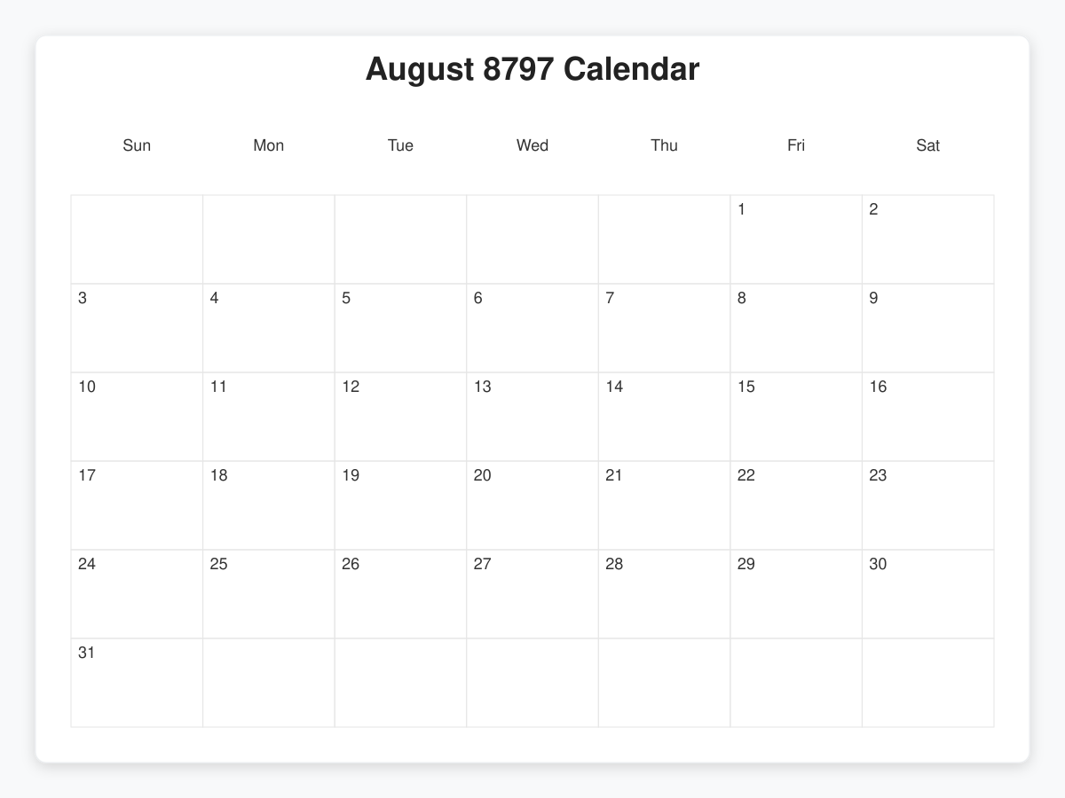 Printable August 8797 Calendars