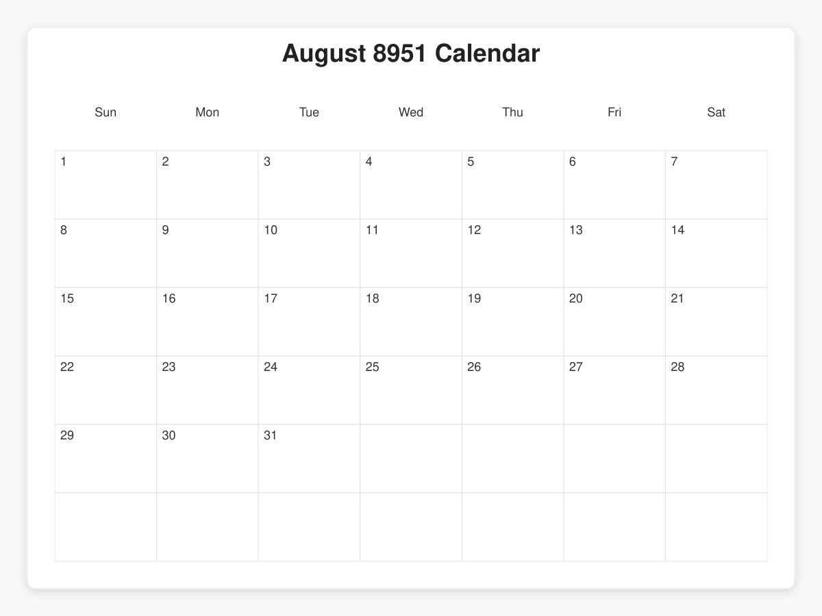 Printable August 8951 Calendars