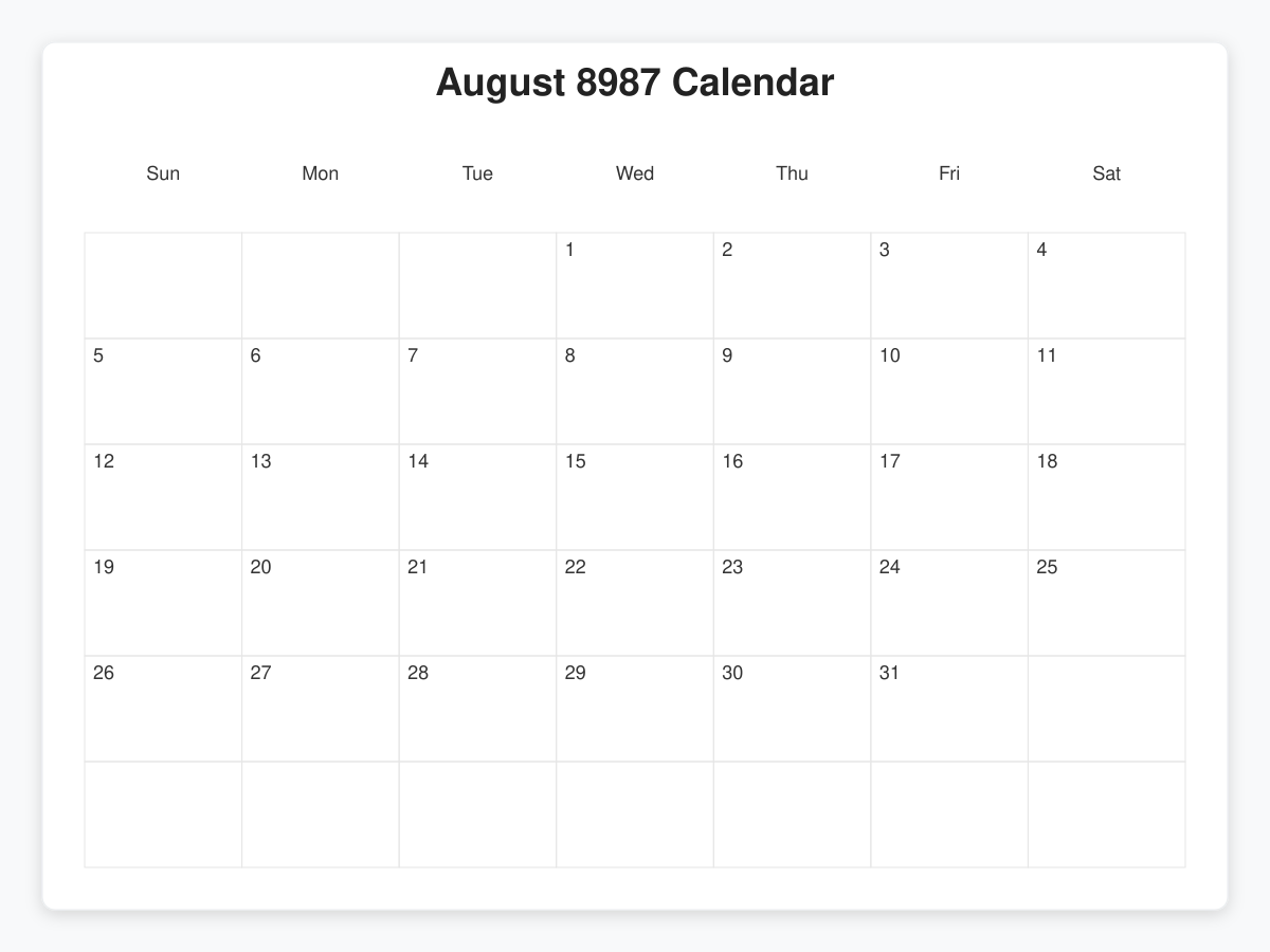 Printable August 8987 Calendars