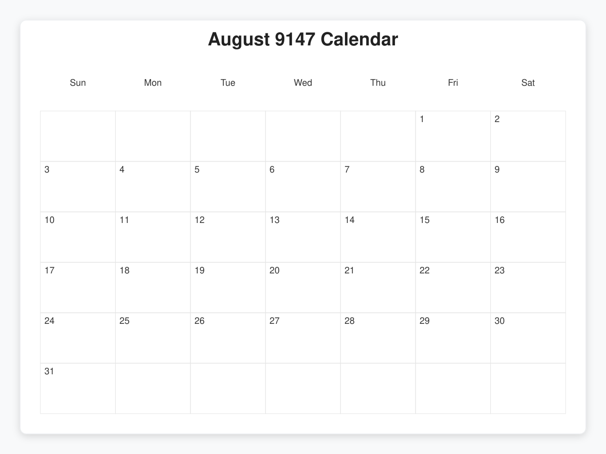 Printable August 9147 Calendars