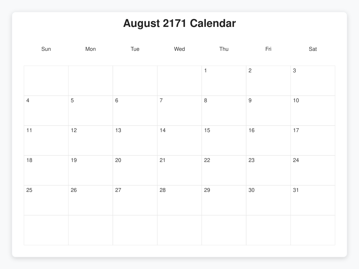 Printable August 2171 Calendars