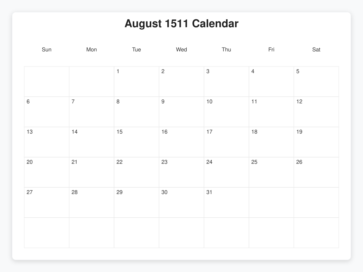 Printable August 1511 Calendars