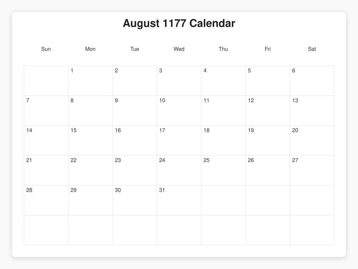 Printable August 1177 Calendars