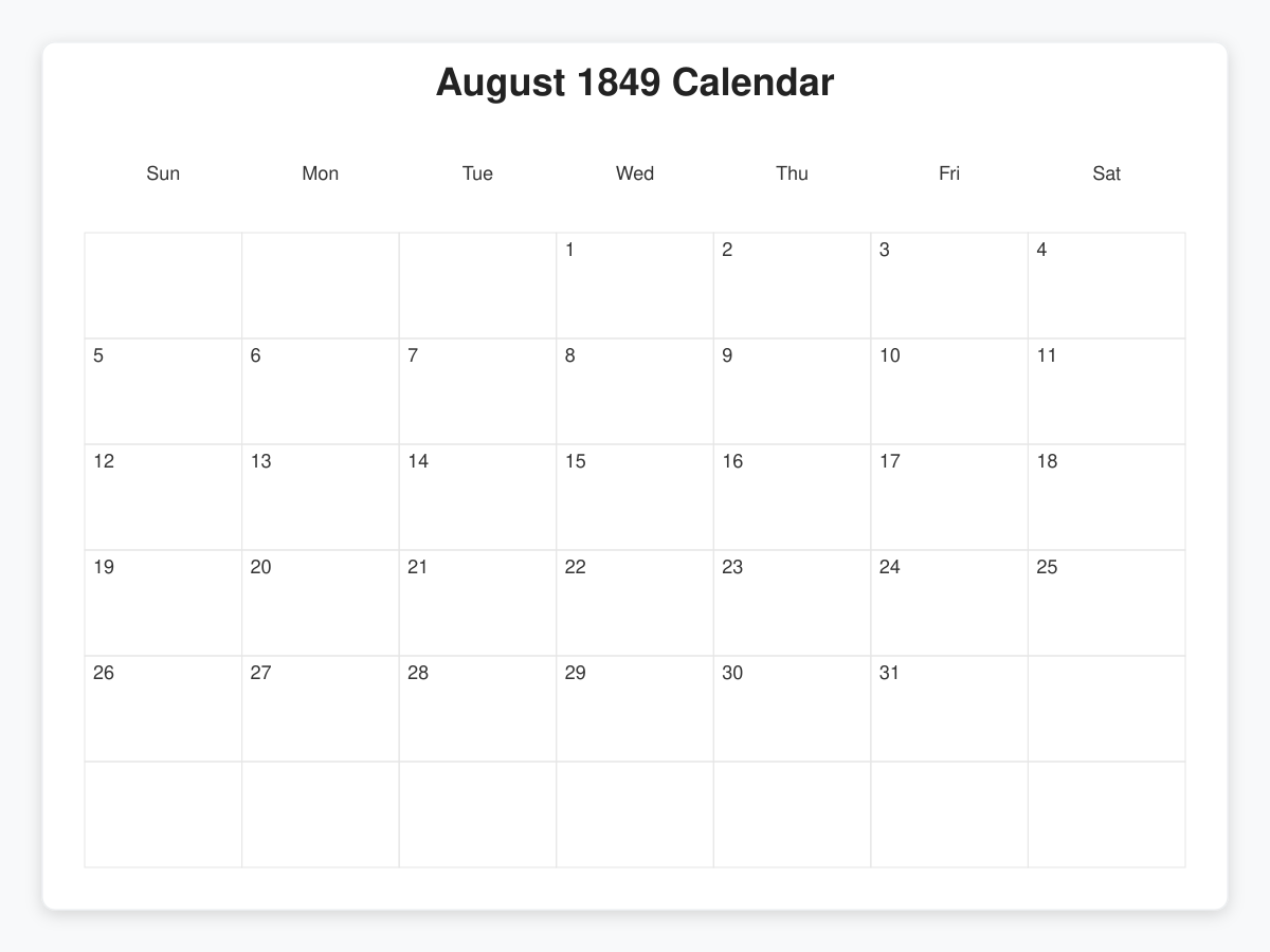 Printable August 1849 Calendars