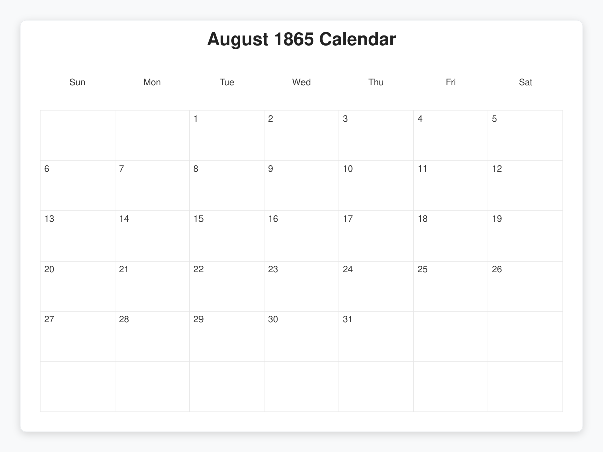 Printable March 1865 Calendars