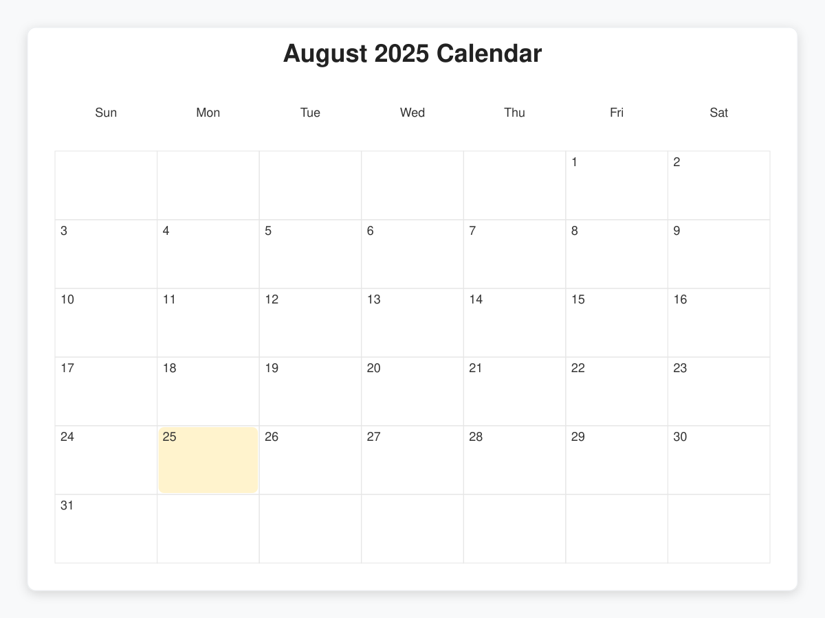 Printable August 2025 Calendars