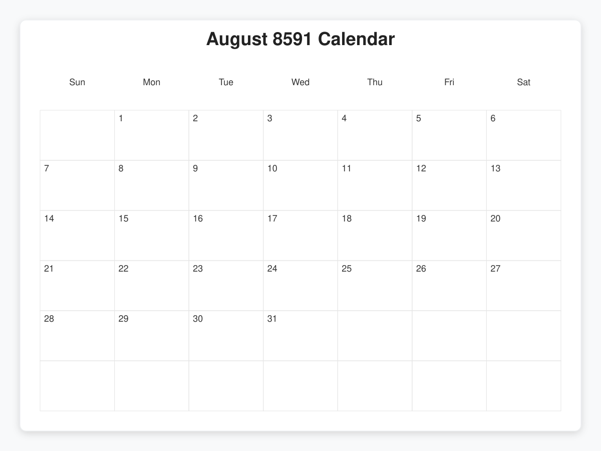 Printable August 8591 Calendars