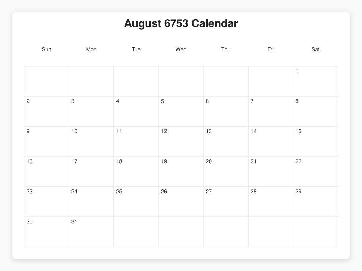 Printable August 6753 Calendars