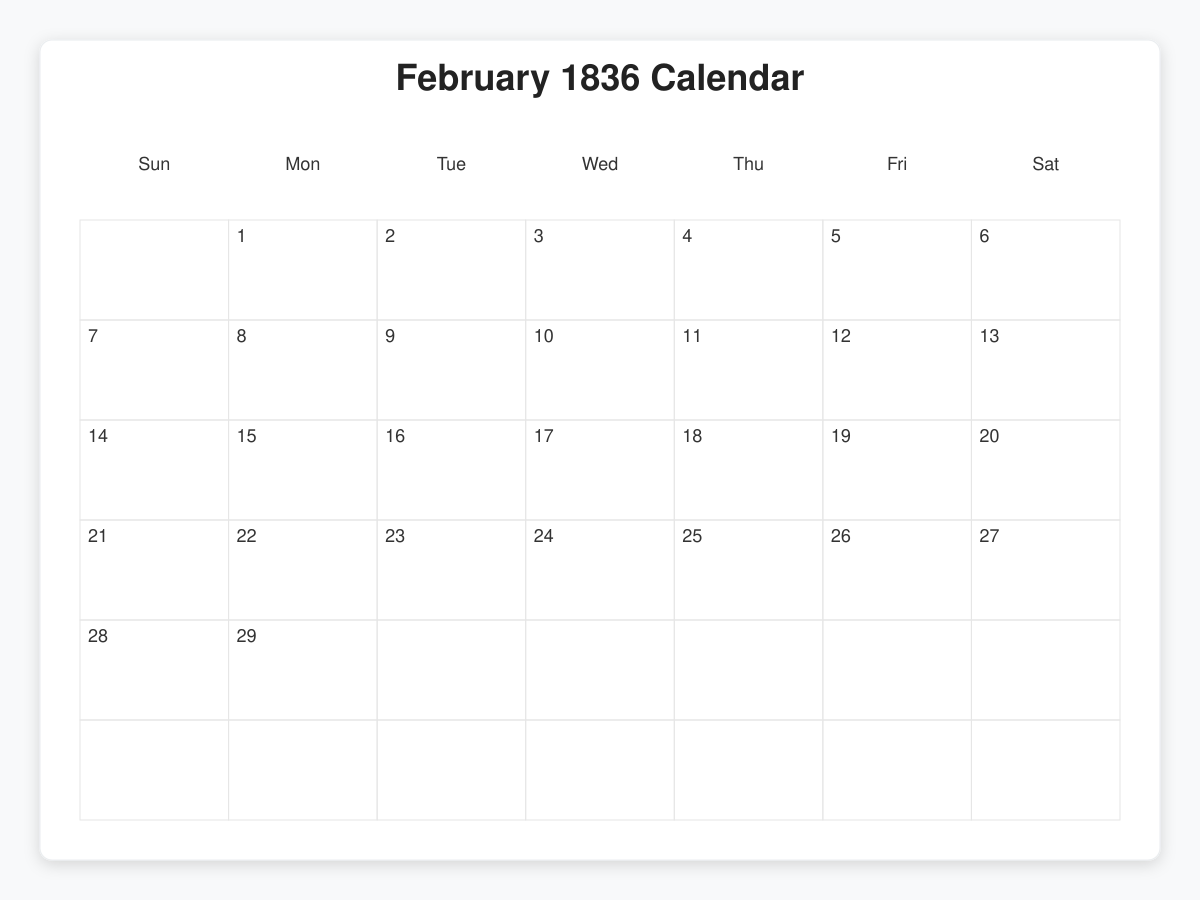 Printable February 1836 Calendars